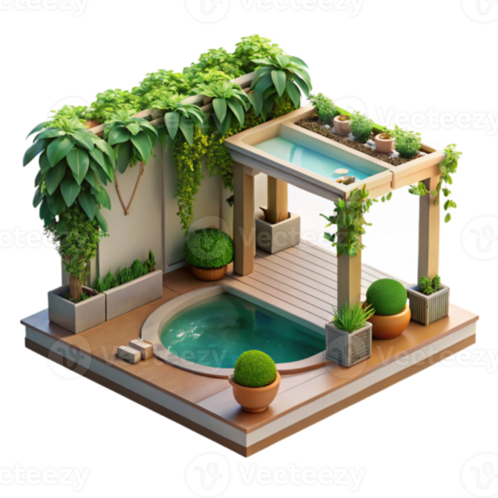 Isometric Illustration Lush Garden Poolside Oasis Tranquil Retreat Relaxing Spa Design png