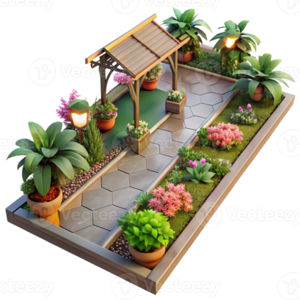 Render of a Charming Garden Path with Hexagonal Tiles and Lush Greenery png