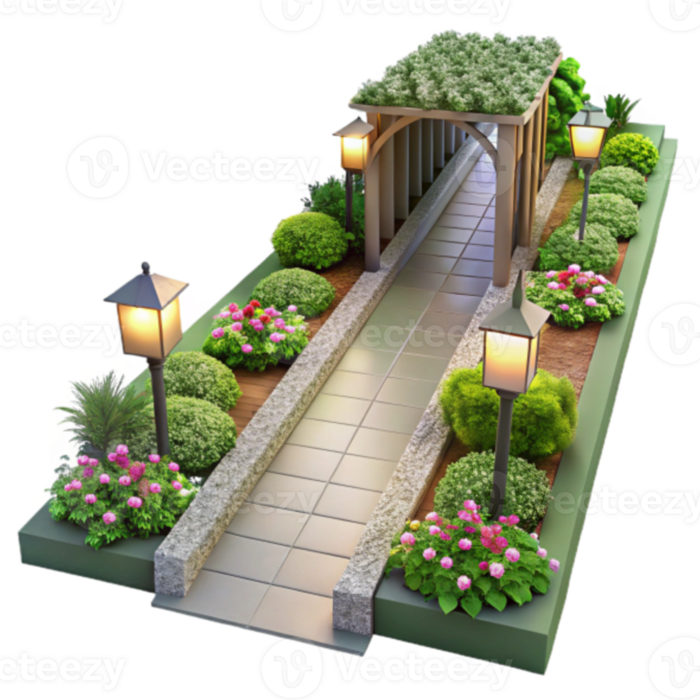 Render Garden Pathway Design with Pergola and Lighting png