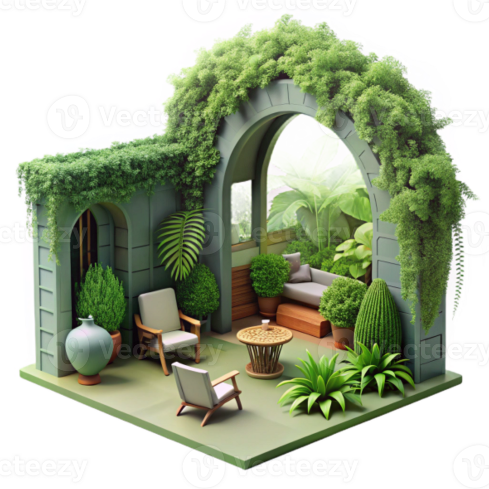 Render Lush Greenery Patio Garden Illustration Tranquil Outdoor Oasis png