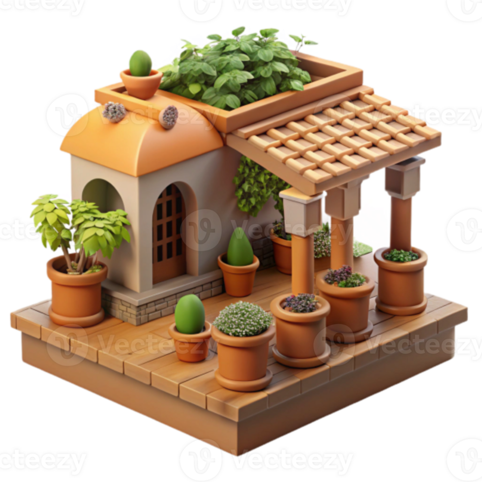 Render of a Charming Mediterranean House with Lush Rooftop Garden and Patio png
