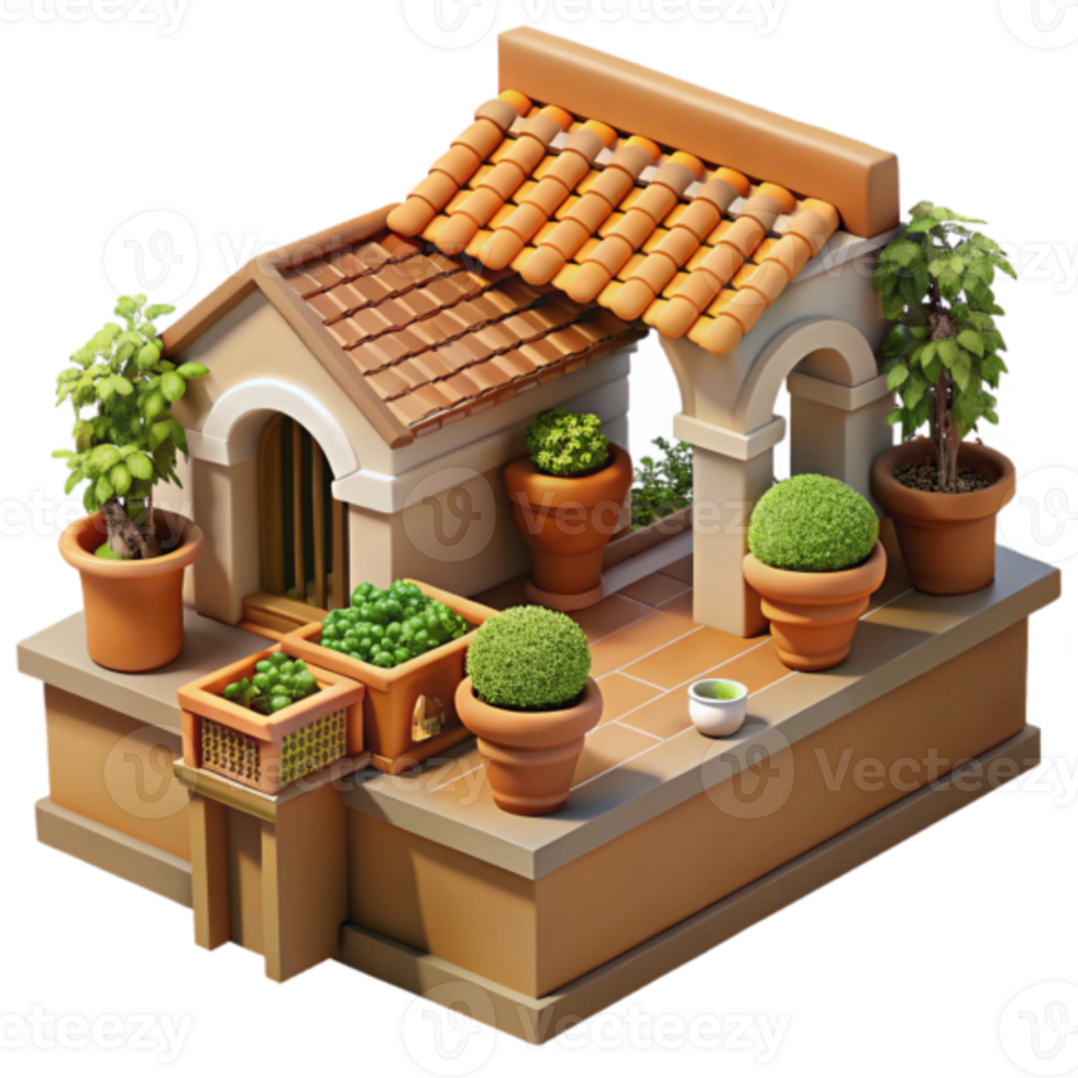 Model of a Mediterranean Rooftop Garden with Terracotta Pots png
