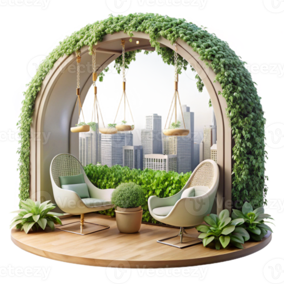 Serene Balcony Oasis Render of Modern Cityscape View with Lush Greenery png