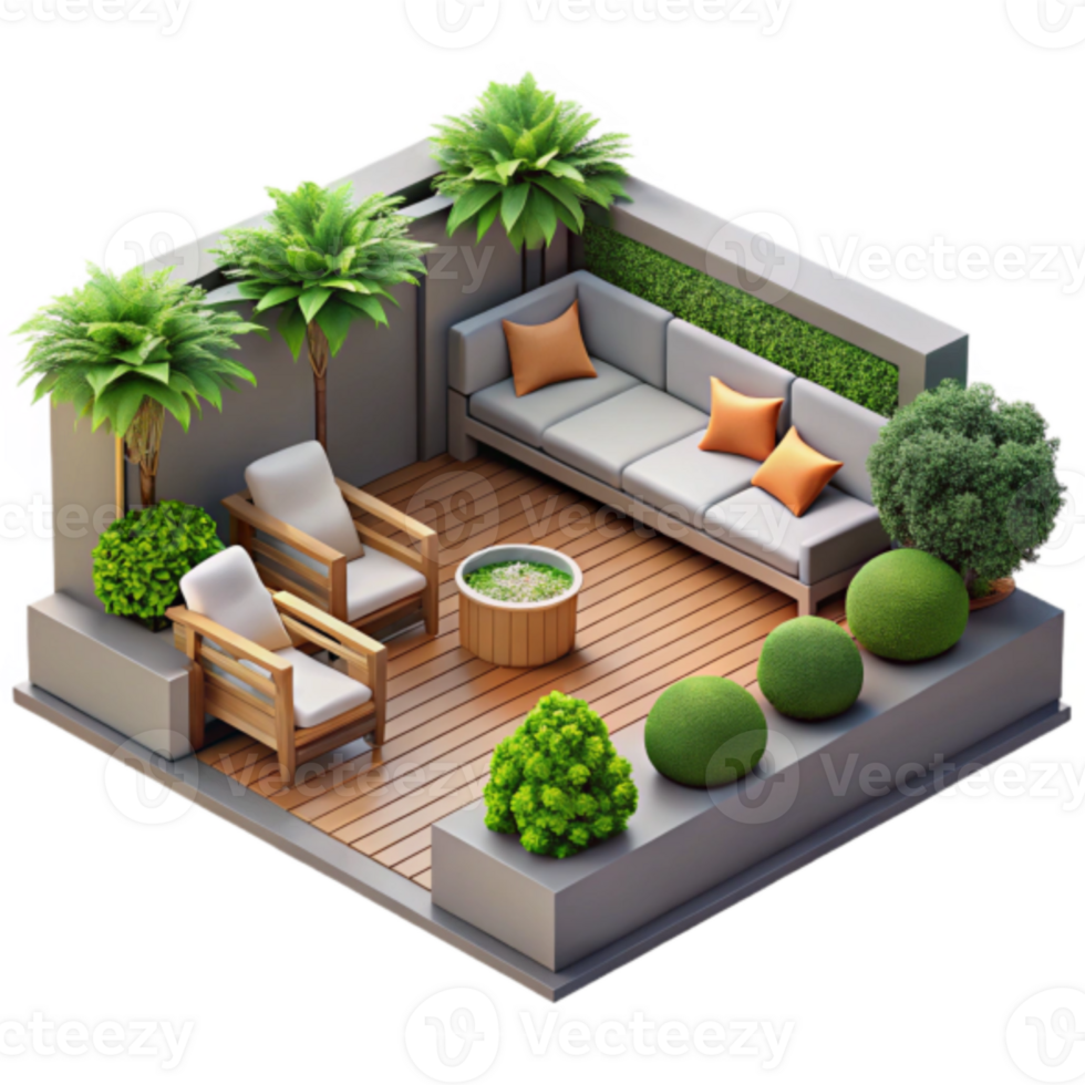 Illustration Modern Terrace Design Lush Greenery Comfortable Seating png