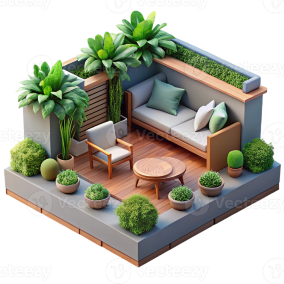 Illustration Cozy Terrace Garden Design with Wooden Furniture and Lush Greenery png