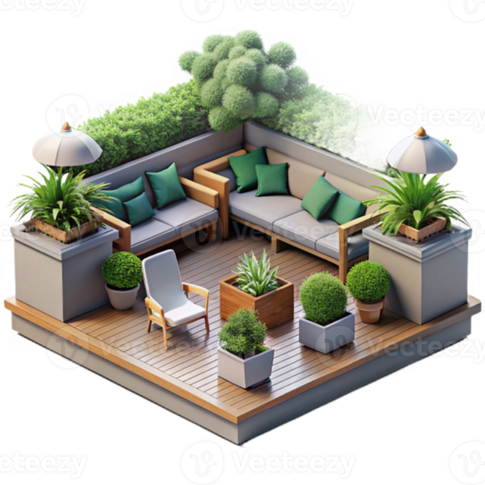 Render Isometric View of a Modern Rooftop Garden Design with Greenery and Comfortable Seating png