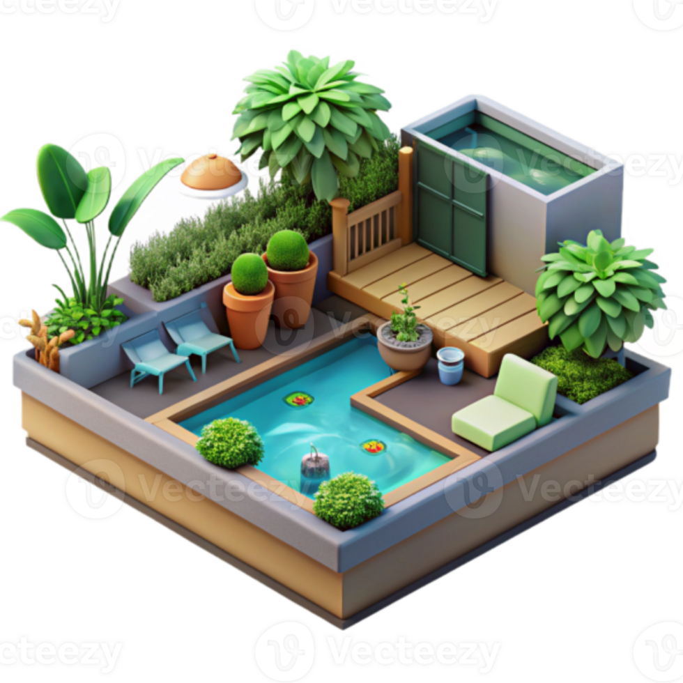 Illustration Rooftop Garden Design with Pool and Plants png