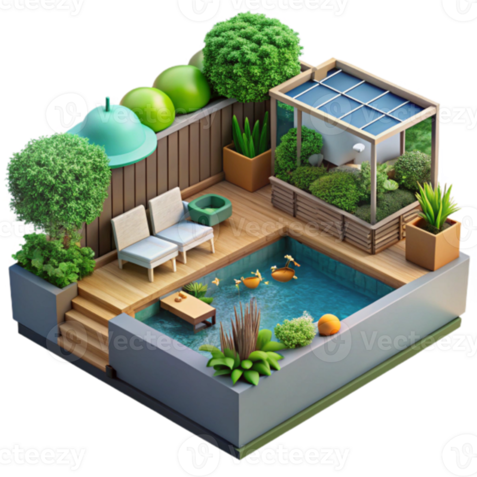 Illustration of a Modern Rooftop Oasis Tranquil Pool, Lush Greenery, and Relaxing Patio png