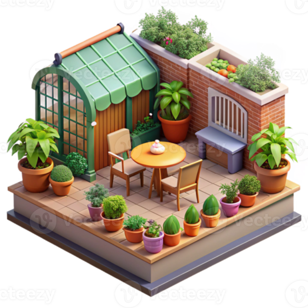 Charming Rooftop Garden Illustration Greenhouse, Plants, and Patio Furniture png