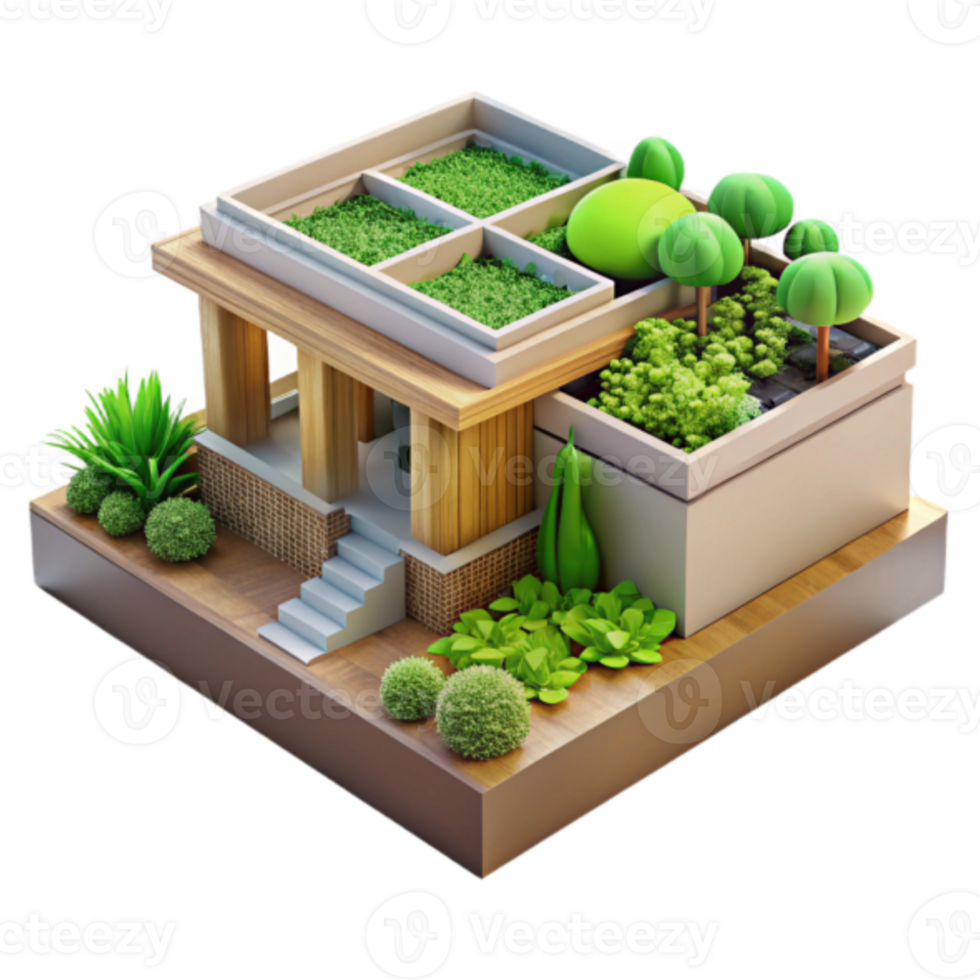 Illustration Modern House with Lush Rooftop Garden and Landscaping png
