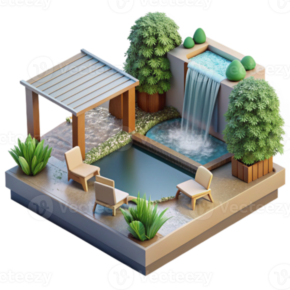 Isometric Illustration of a Serene Backyard Oasis with Pool and Waterfall png
