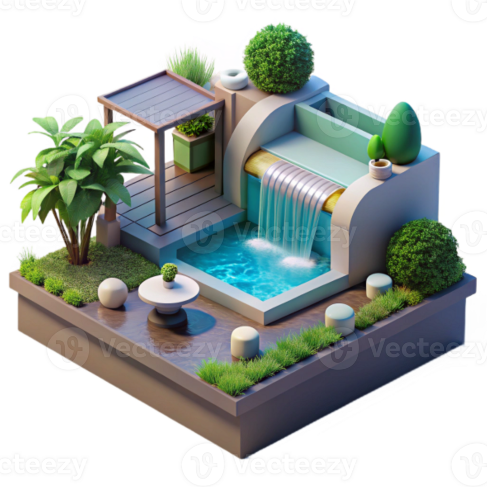 Tranquil Isometric Poolside Oasis Illustration with Waterfall png