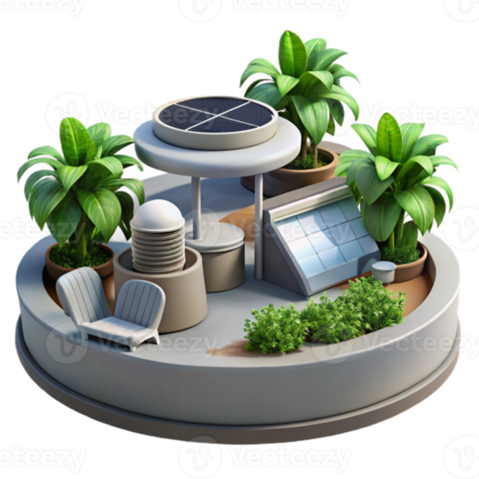 Eco-Friendly Rooftop Oasis Illustration Sustainable Design with Solar Panels and Lush Greenery png