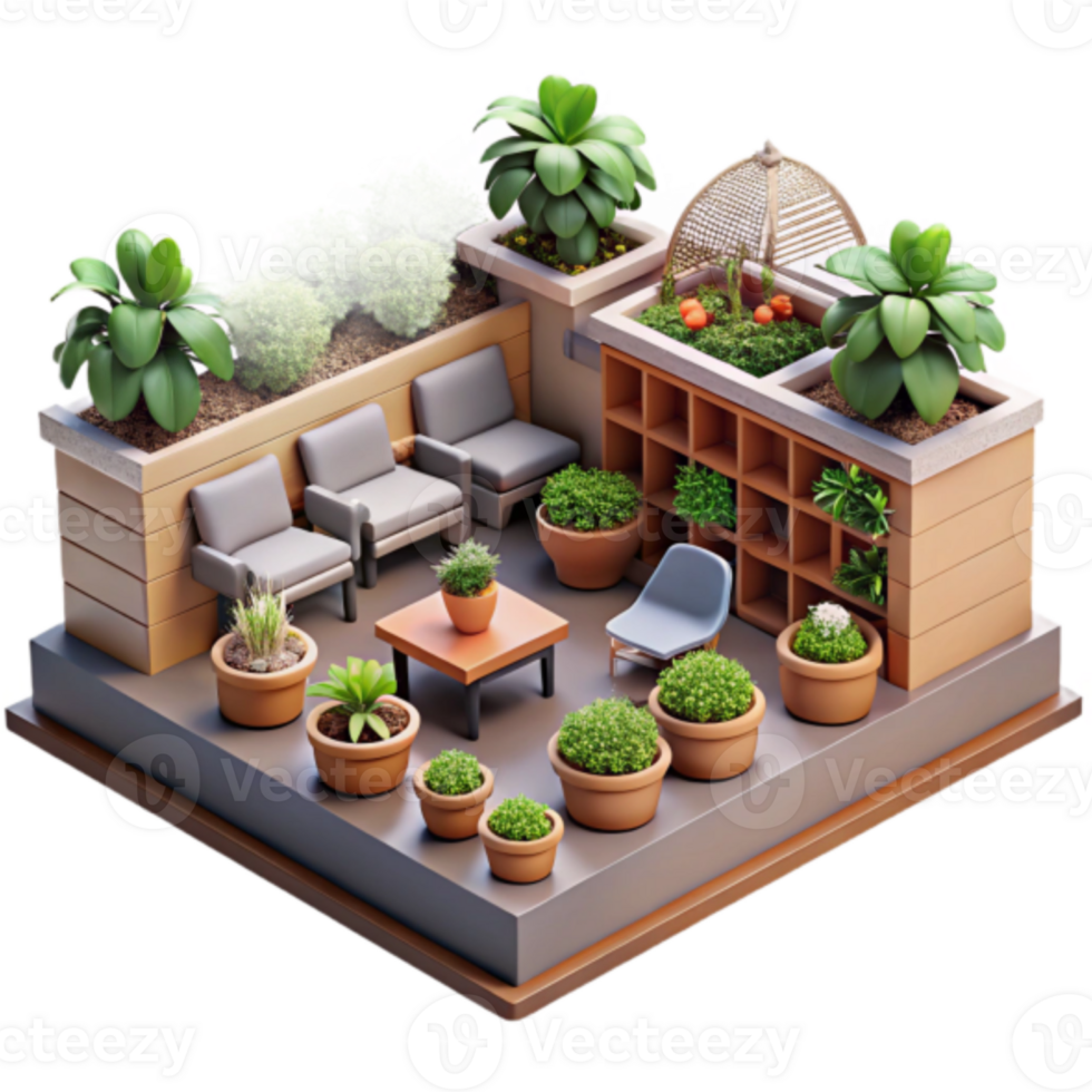 Relaxing Rooftop Garden Oasis Illustration A Tranquil Urban Retreat with Lush Greenery and Comfortable Seating png