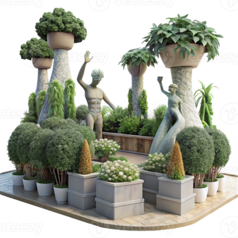 Render Lush Garden with Sculptures and Potted Plants png