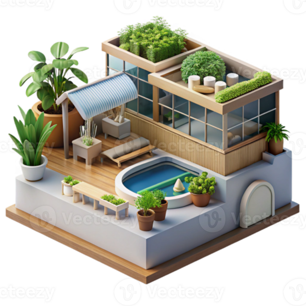 Isometric Illustration Rooftop Oasis Modern House Design with Pool and Plants png