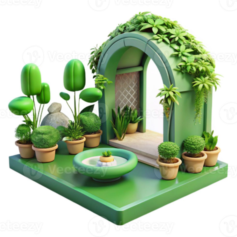 Render of Lush Green Garden with Archway and Potted Plants png