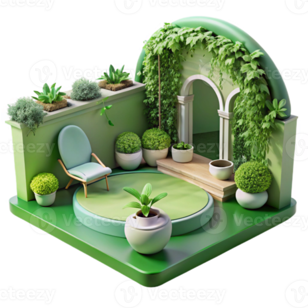 Serene Green Garden Patio Illustration Tranquil Relaxation Space with Lush Plants and Minimalist Chair png