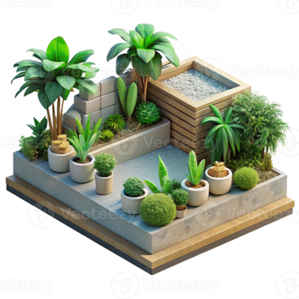 Isometric Illustration Lush Rooftop Garden Design with Various Plants in Pots png