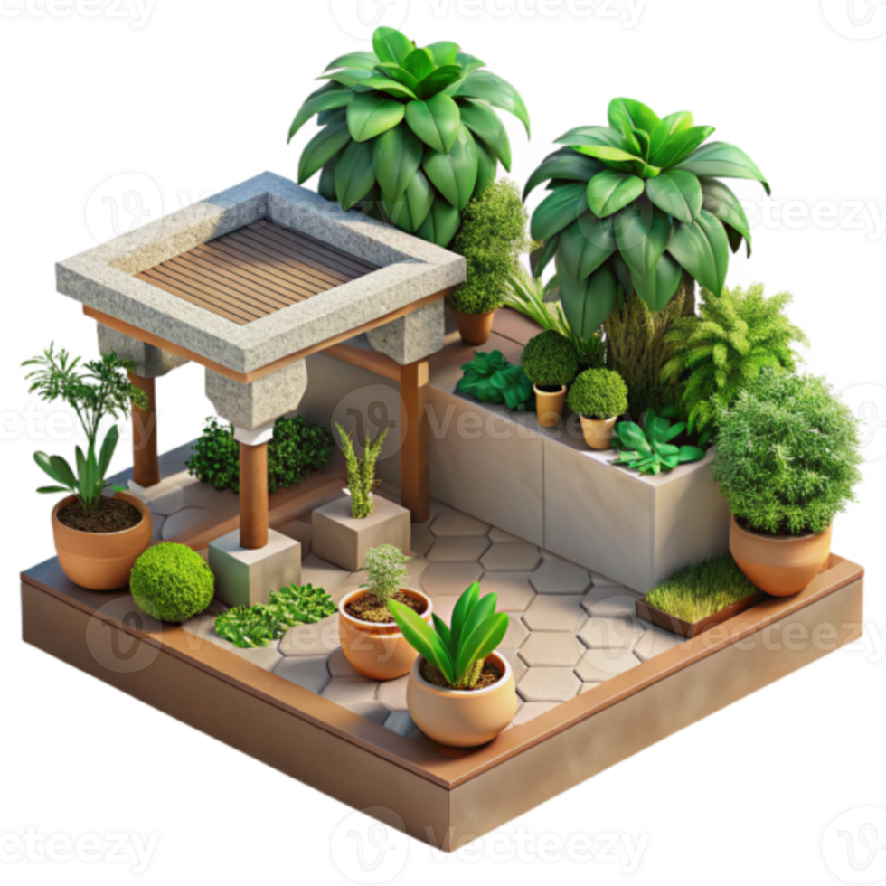 Isometric Illustration of a Lush Courtyard Garden with Pergola png