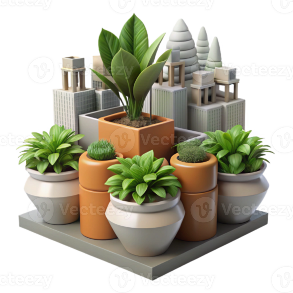 Urban Oasis Render Potted Plants and Cityscape Illustration png