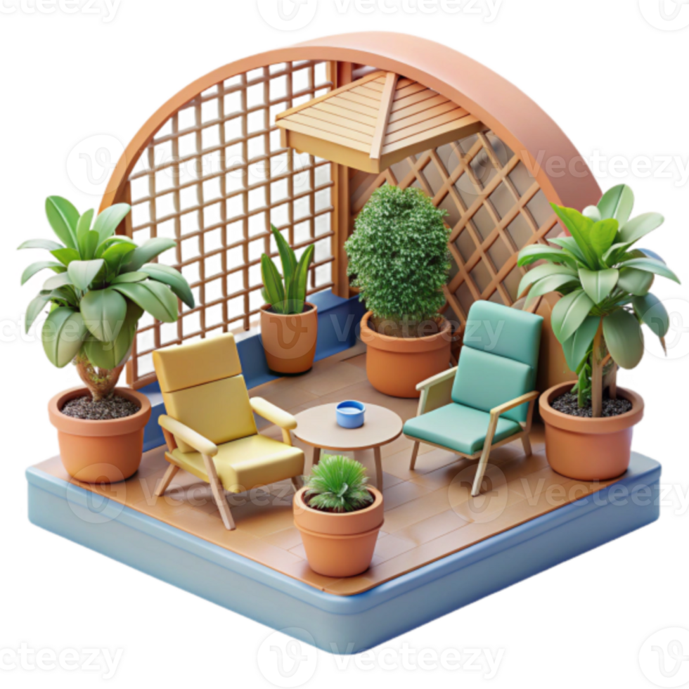 Render of a Cozy Patio with Plants and Chairs png