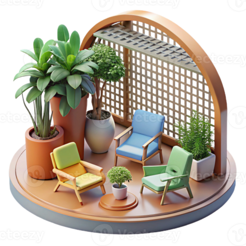 Render Cozy Patio Scene with Plants and Chairs png