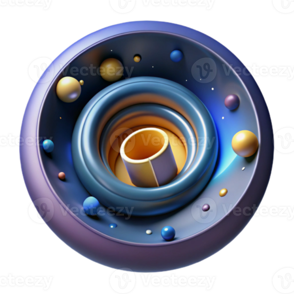 Abstract Render of a Cosmic Sphere with Concentric Rings and Floating Spheres png