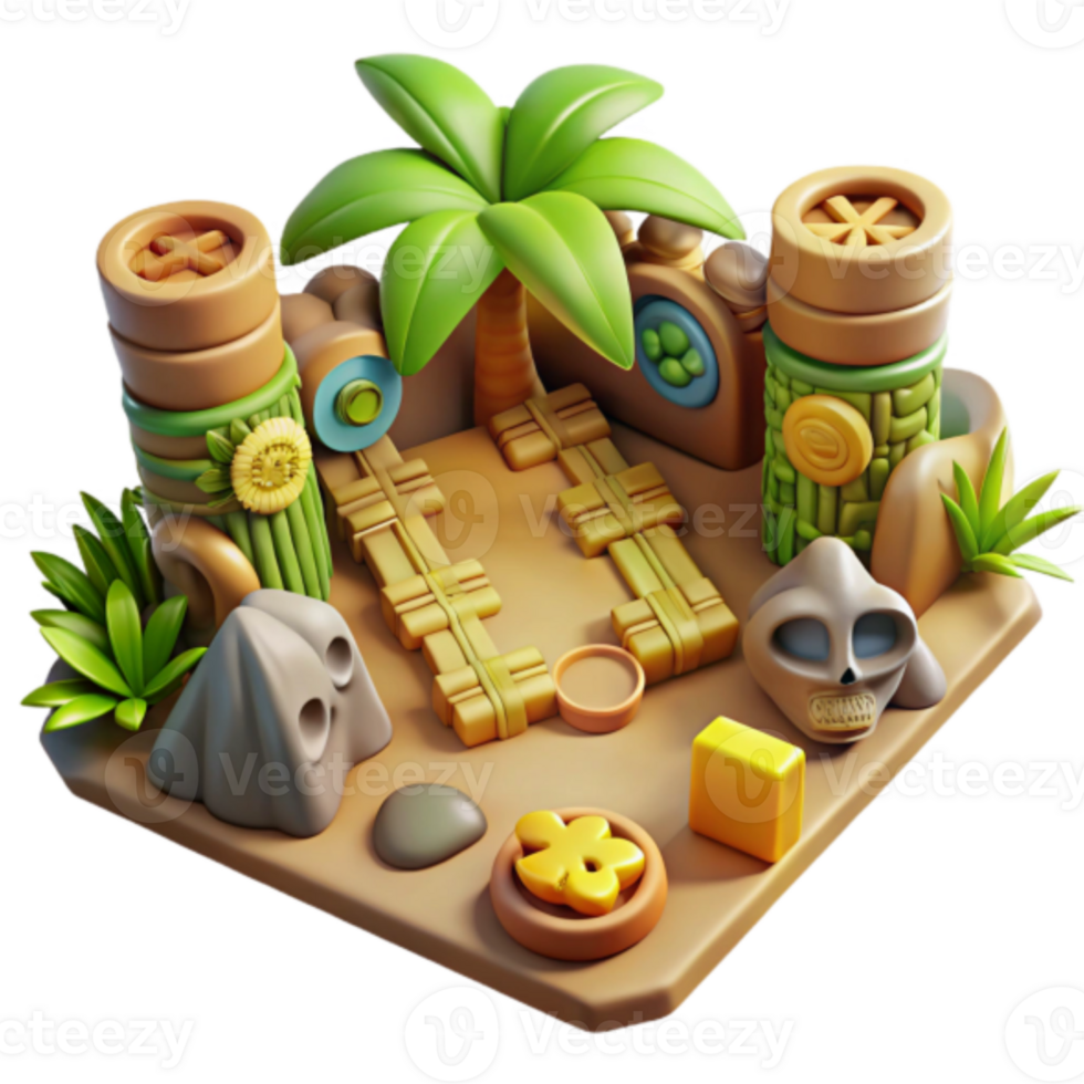 Stylized Island Scene Render, Tropical Paradise Illustration, Cartoonish Game Asset, Beach Hut, Palm Tree, Stone, Skull, Wooden Structures png