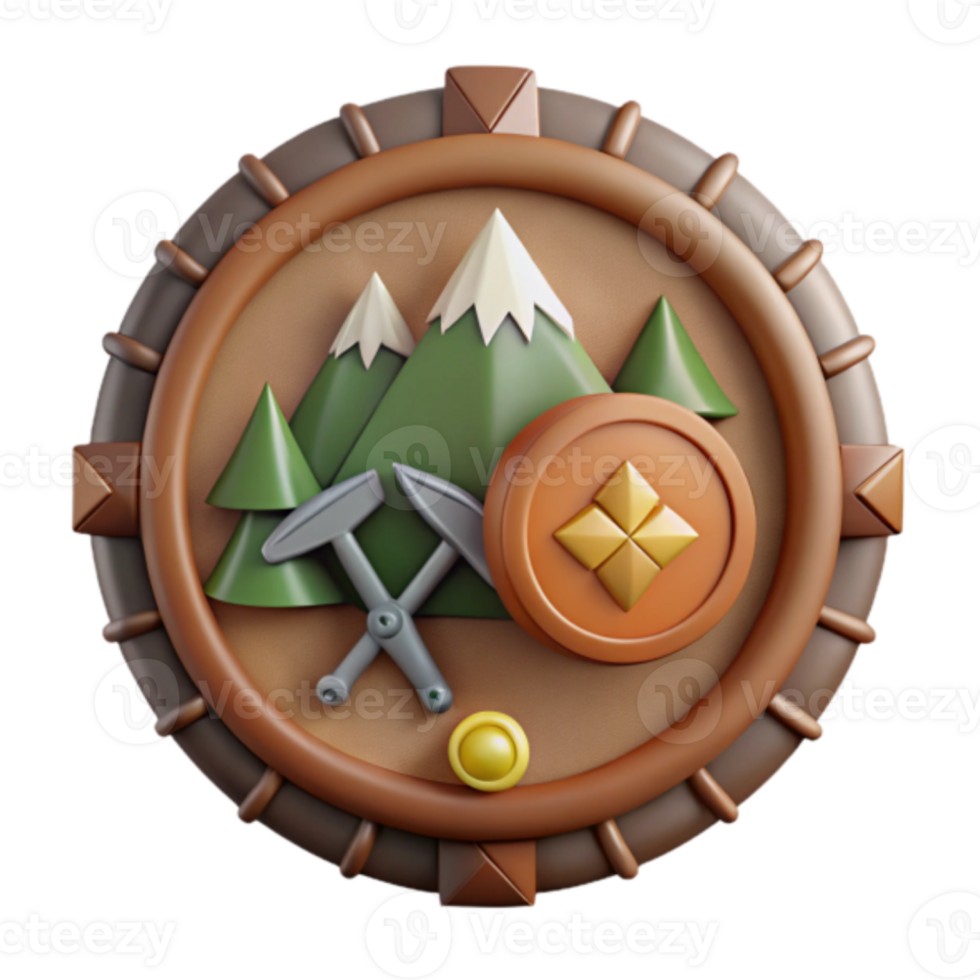 3D Render Mountain Mining Emblem Icon - Game Asset, Cartoon Style, Pickaxe, Shield, Gold Coin, Mountains, Adventure png