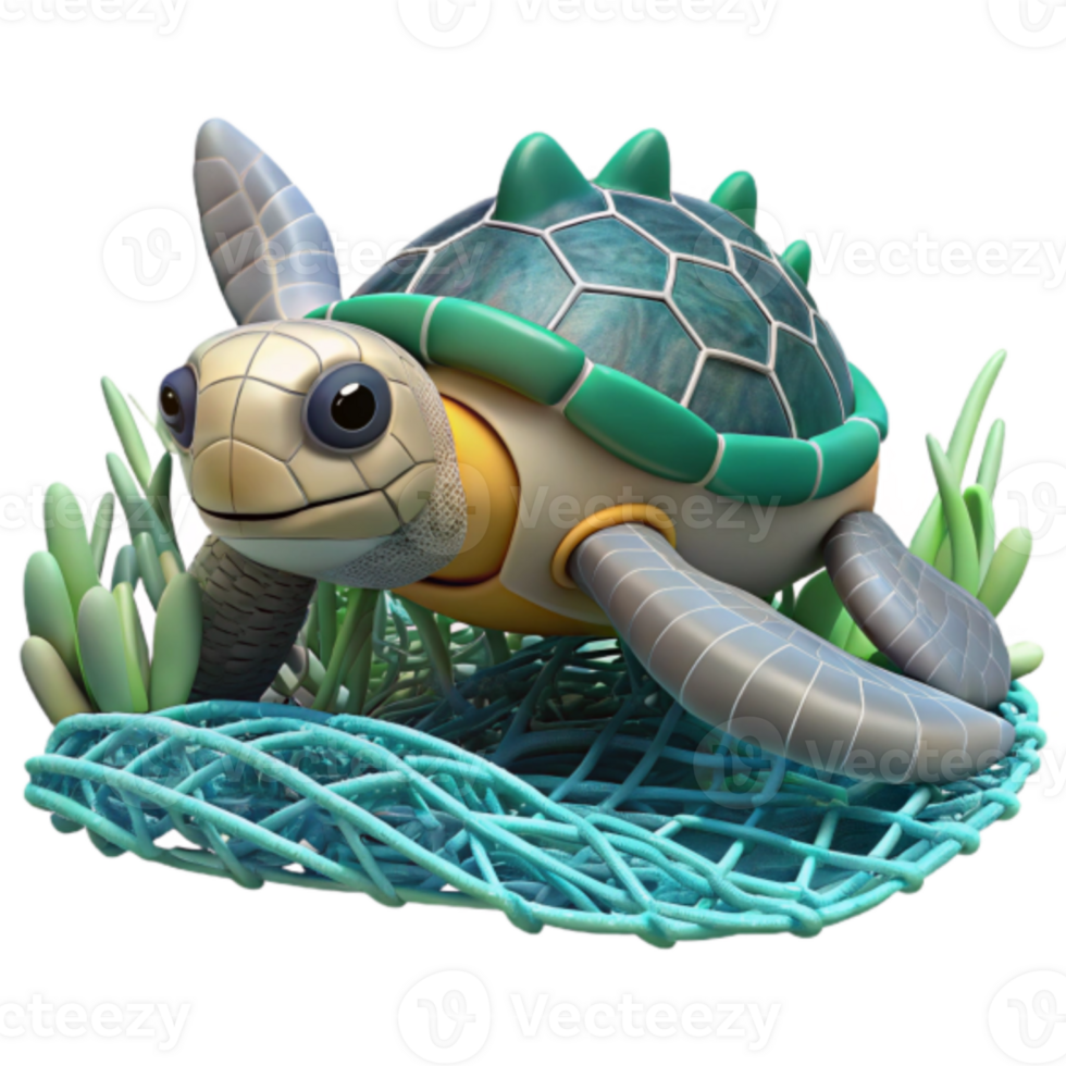 Adorable Render of a Cartoon Sea Turtle in a Net png