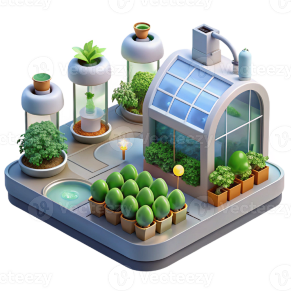 Illustration of a Futuristic Smart Greenhouse with Automated Plant Growth System png
