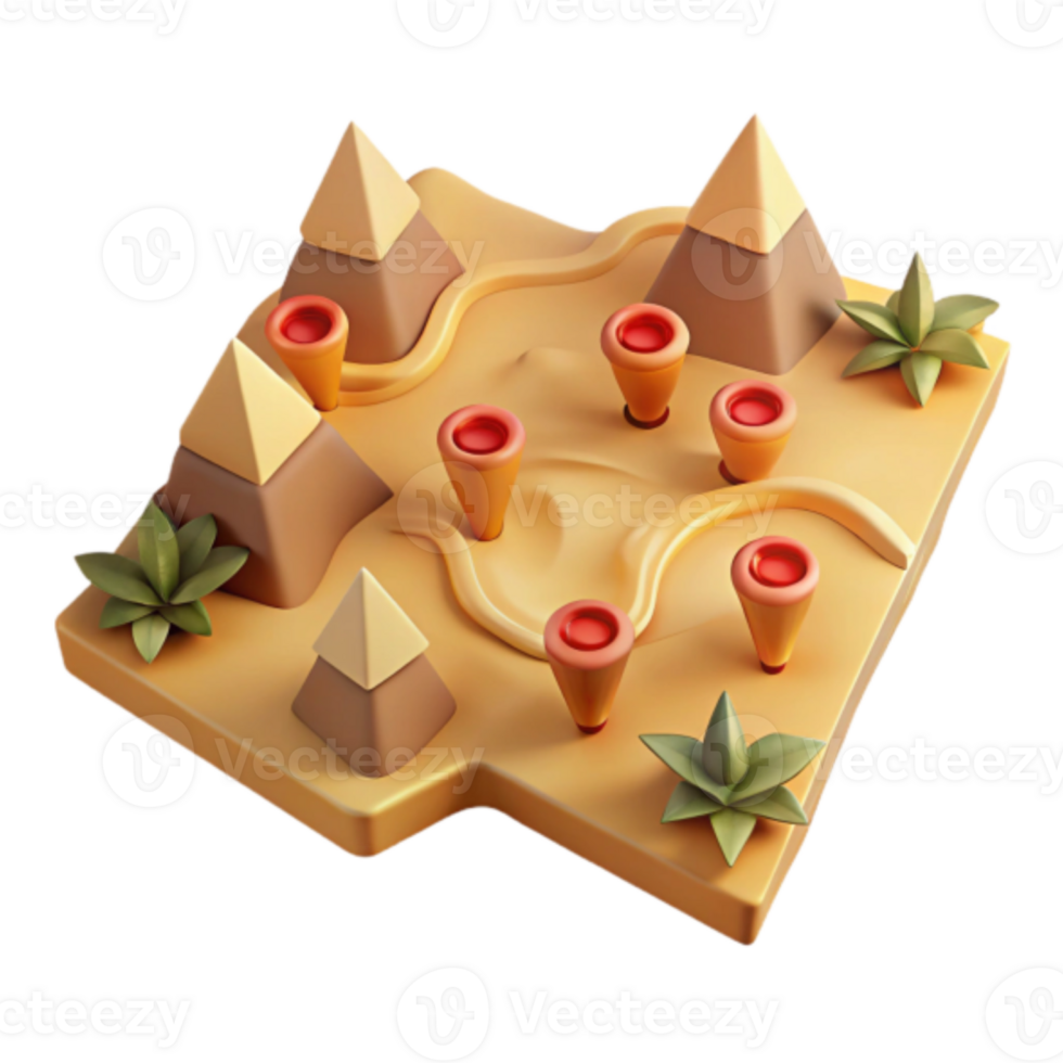 Stylized Render Desert Landscape with Pyramids and Plants png