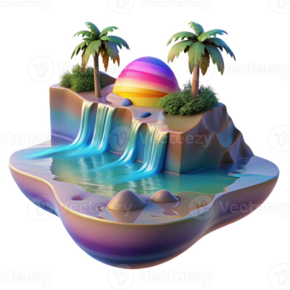 Render of Tropical Island Paradise with Waterfalls and Sunset png