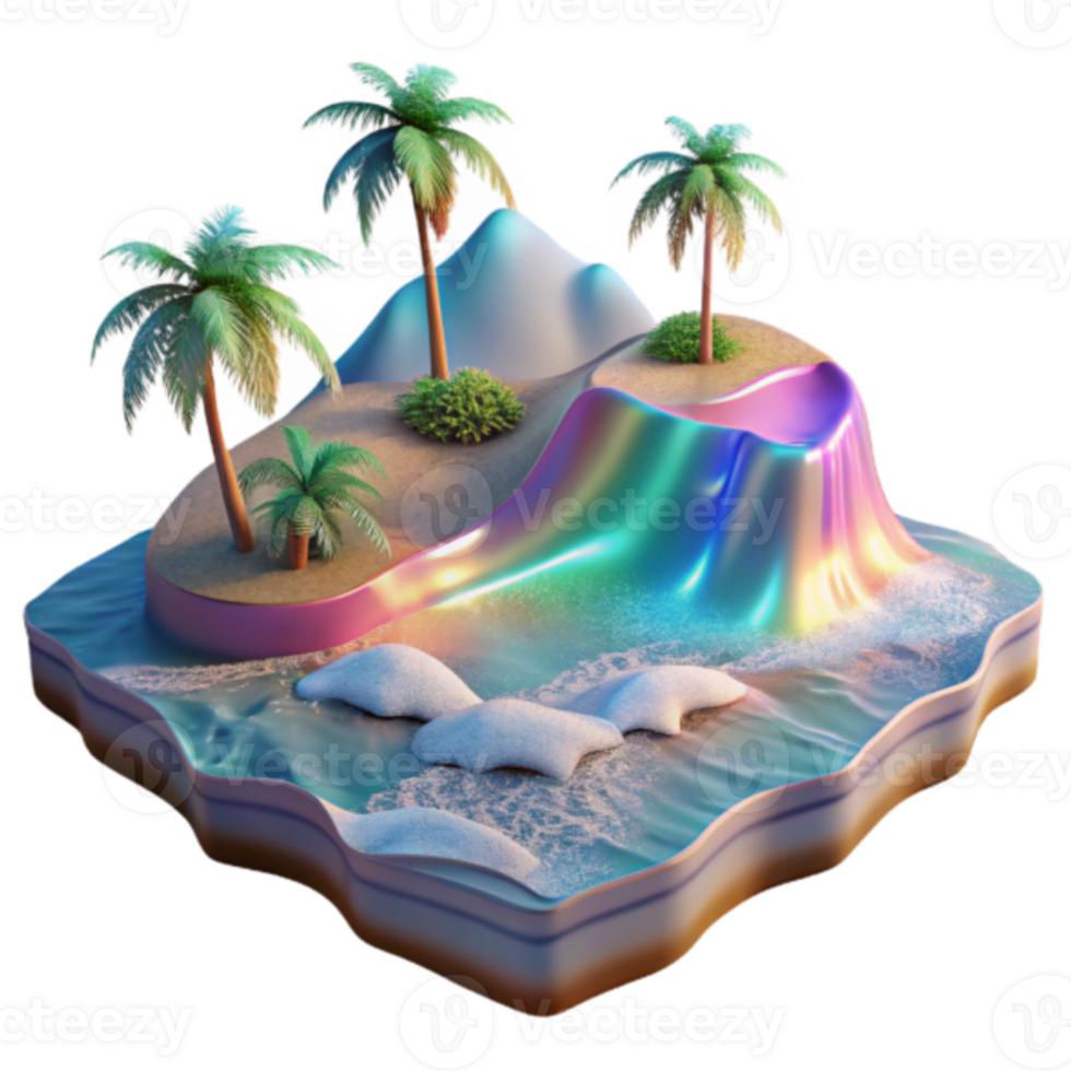 Vibrant Tropical Island Render Iridescent Waterfall, Palm Trees, and Ocean Waves png