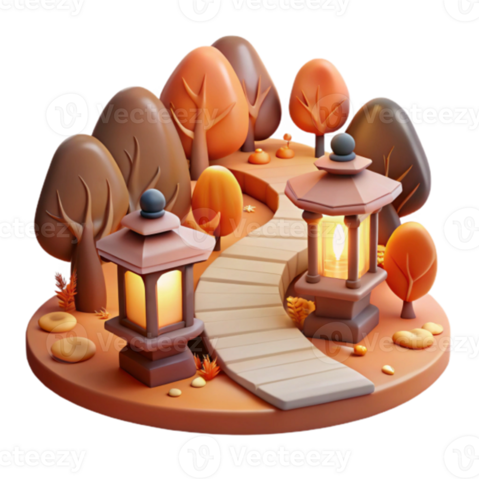Autumnal Park Illustration Winding Path, Lantern Lights, and Colorful Trees png