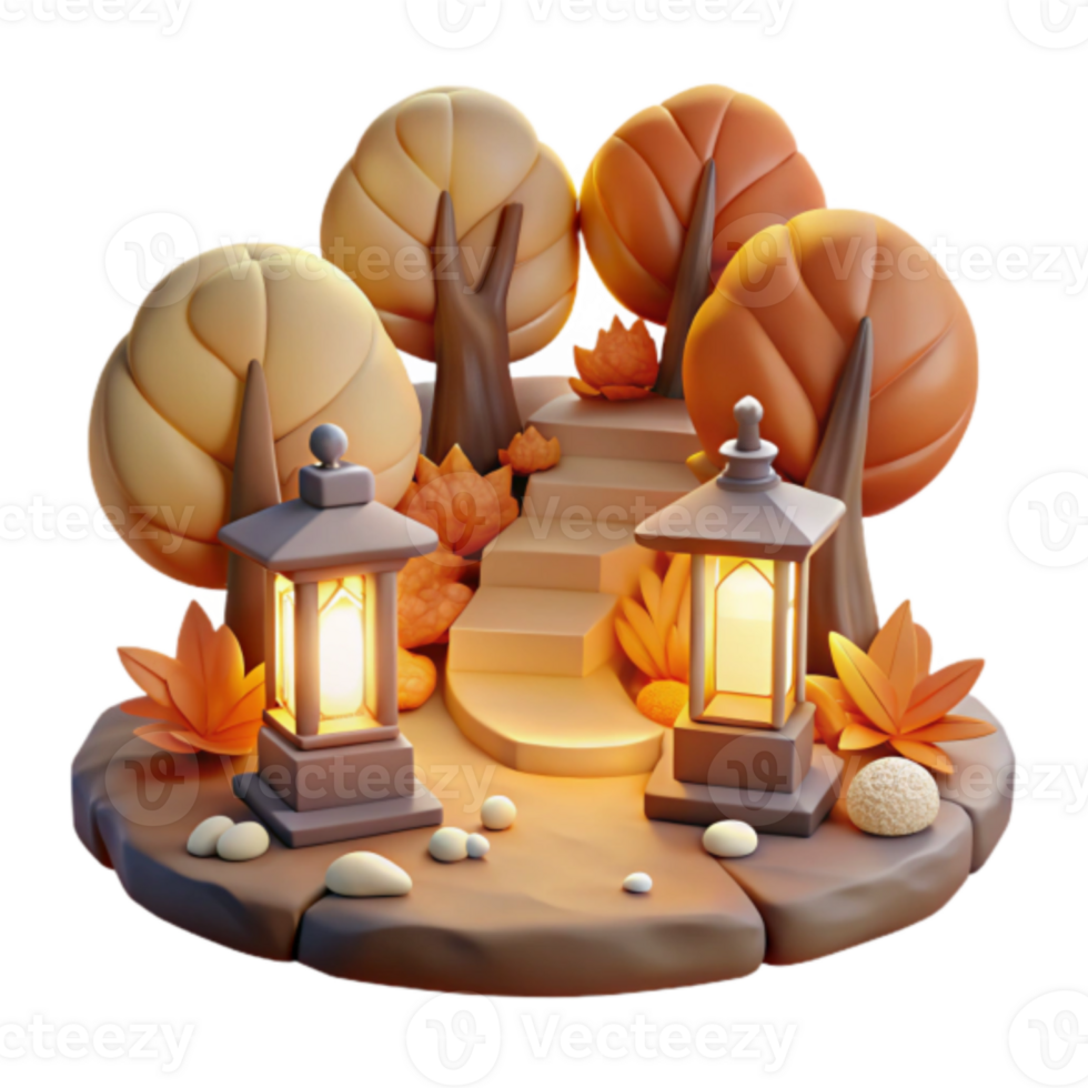 Autumnal Render Enchanting Pathway with Glowing Lanterns and Cartoon Trees png