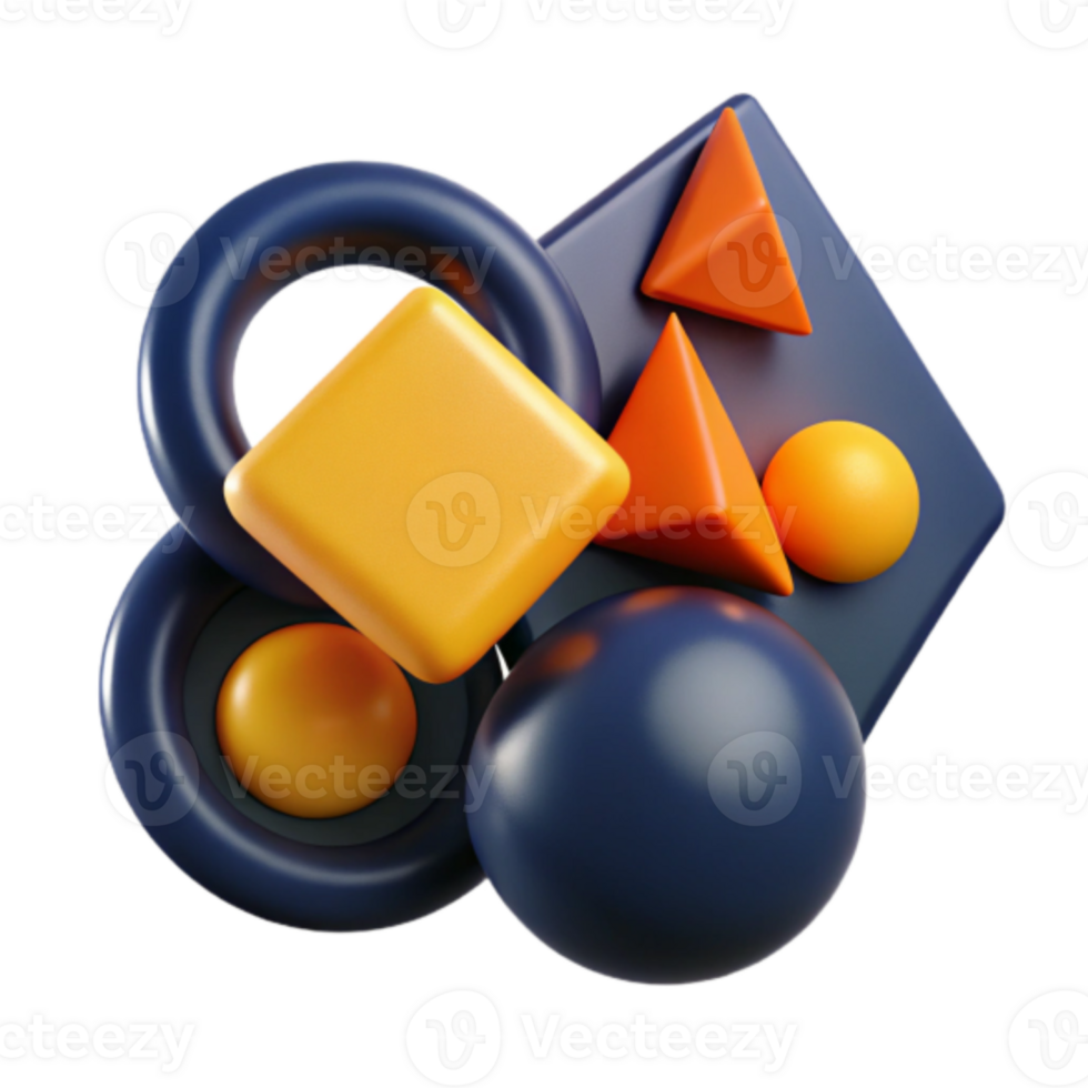 Abstract Render of Interlocking Geometric Shapes Cubes, Spheres, and Cones in Vibrant Yellow and Orange png