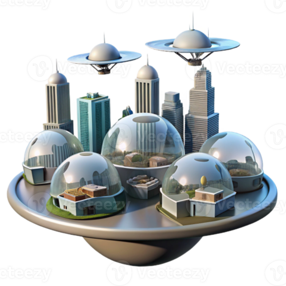 Futuristic Cityscape Illustration Domes, Flying Saucers, and Modern Buildings png