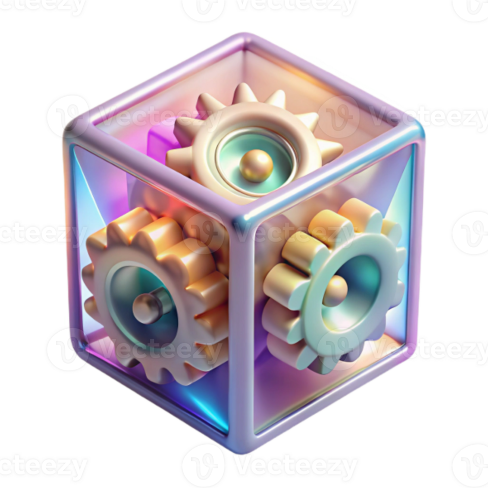 Abstract Render of Interlocking Gears and Speakers in a Cube png