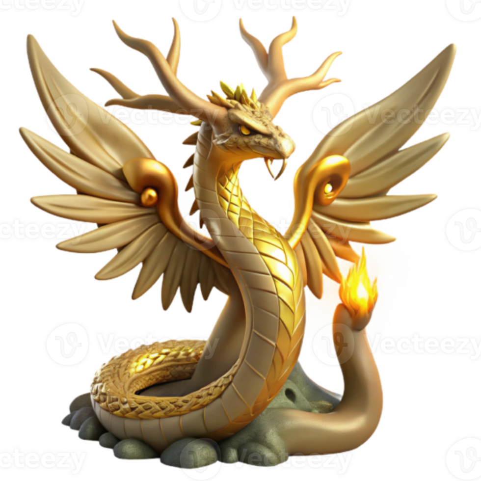 Golden Winged Serpent Dragon Render Illustration png