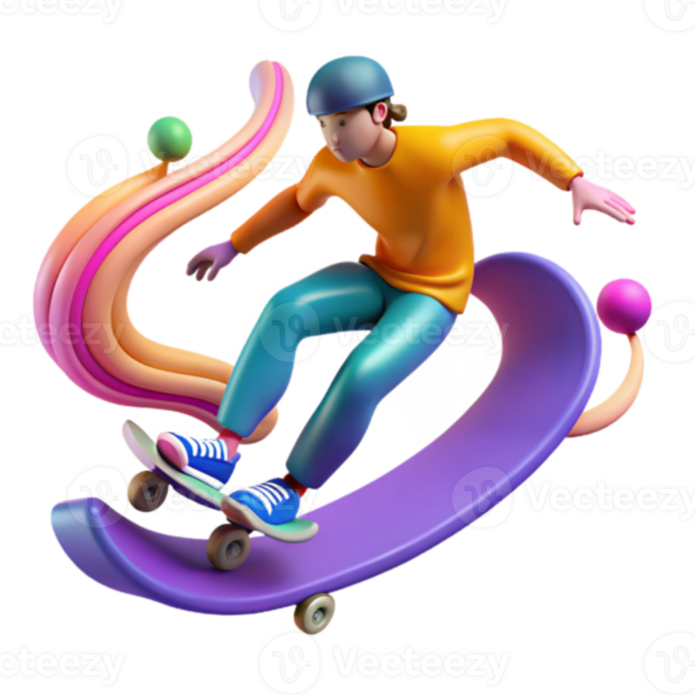 3D Illustration Skateboarding Cartoon Character Colorful Abstract Background png