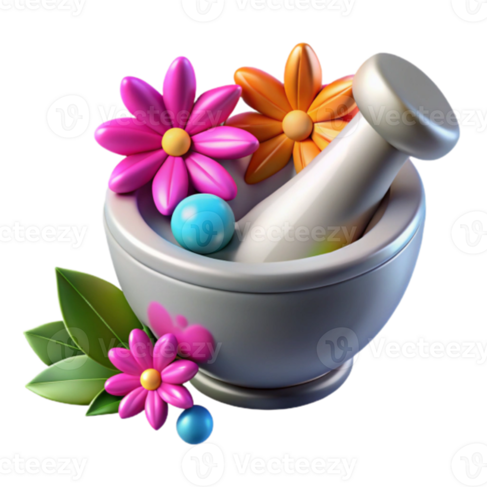 Vibrant Render of a Mortar and Pestle with Flowers and Beads png