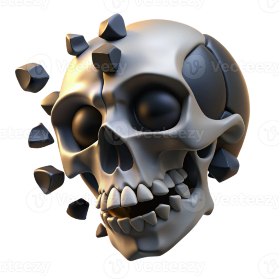 3D Render of a Disintegrating Skull Illustration, Stylized Cranium with Shattering Stone Fragments png