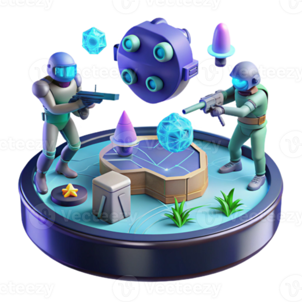Illustration Futuristic Game Scene Cyberspace Soldiers, Glowing Crystals, and Advanced Weapons png