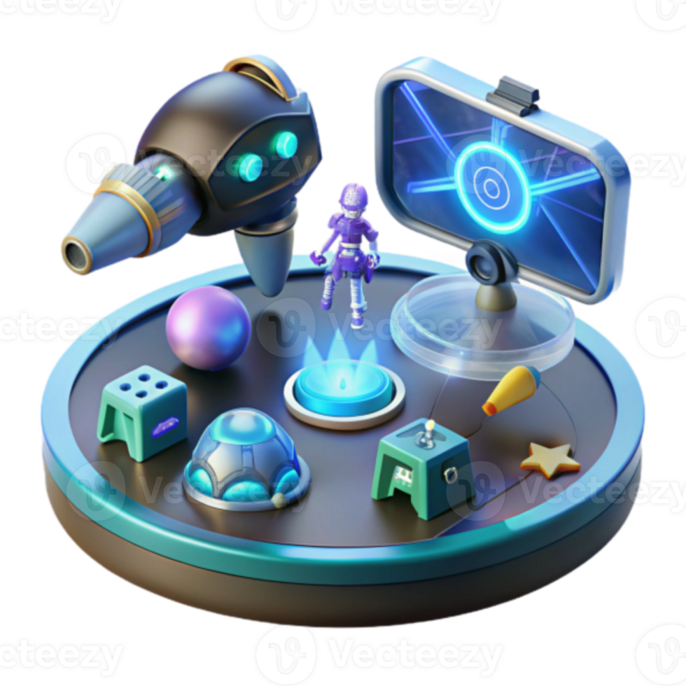 Render Futuristic Gaming Setup Illustration Cyberpunk Robot, Virtual Screen, and Interactive Game Objects png