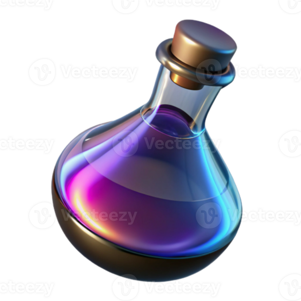 Render of Iridescent Potion Bottle, Glass Flask with Cork, Fantasy Elixir, Magical Liquid, Colorful Concoction, Glowing Substance, Science Experiment, Abstract Background png