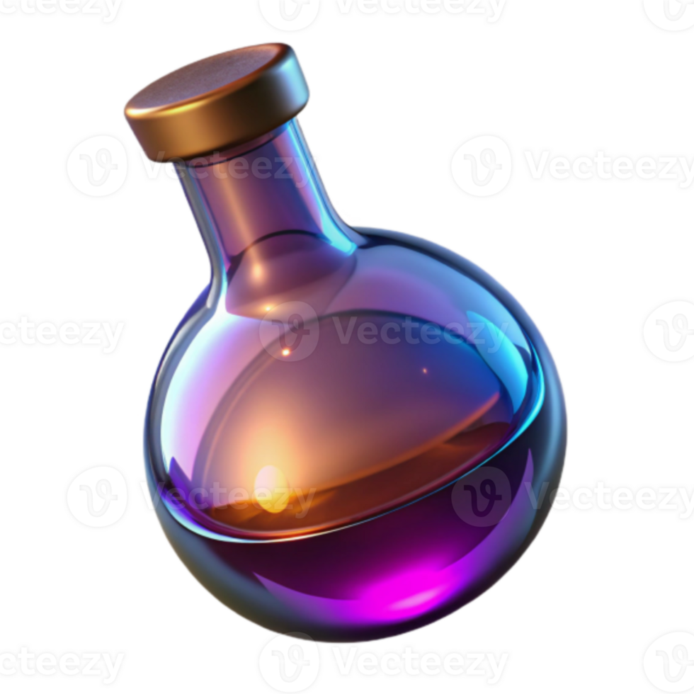 Iridescent Glass Flask Render, Sunset Potion, Magical Elixir, Fantasy, Science, Alchemy, Purple, Gold, Shiny, Round Bottom Flask png