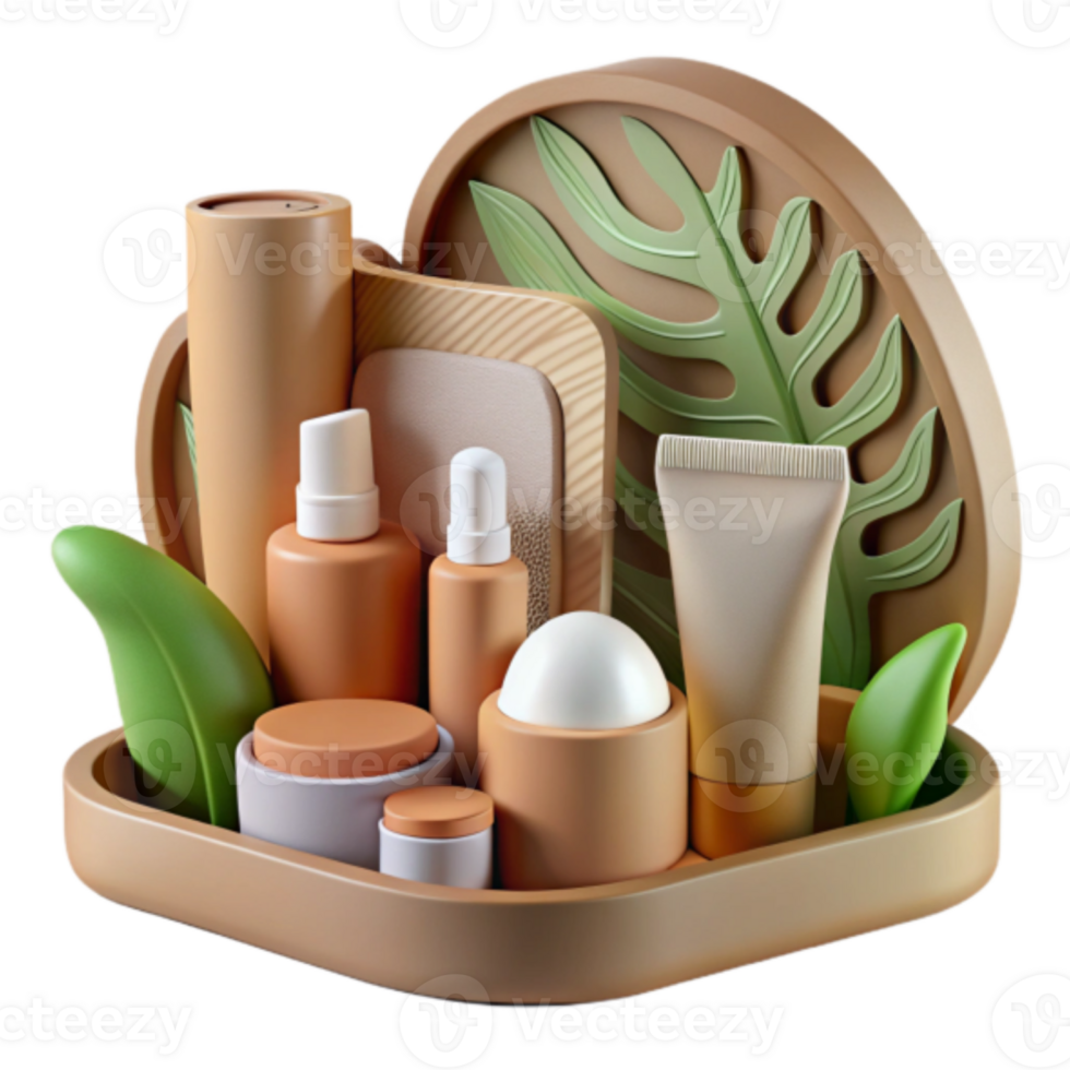 Illustration of Skincare Products in a Box with Tropical Leaves png