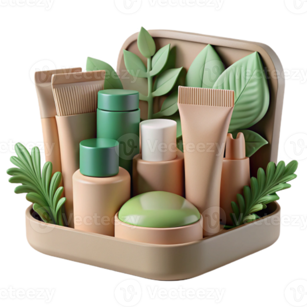 Render Green and Beige Cosmetic Products in a Box with Leaves png
